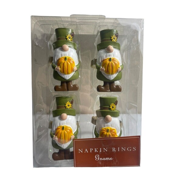 Thanksgiving Pilgrim Gnome Pumpkin Harvest Set Of 4 Fall Whimsy Napkin Rings - Picture 2 of 6